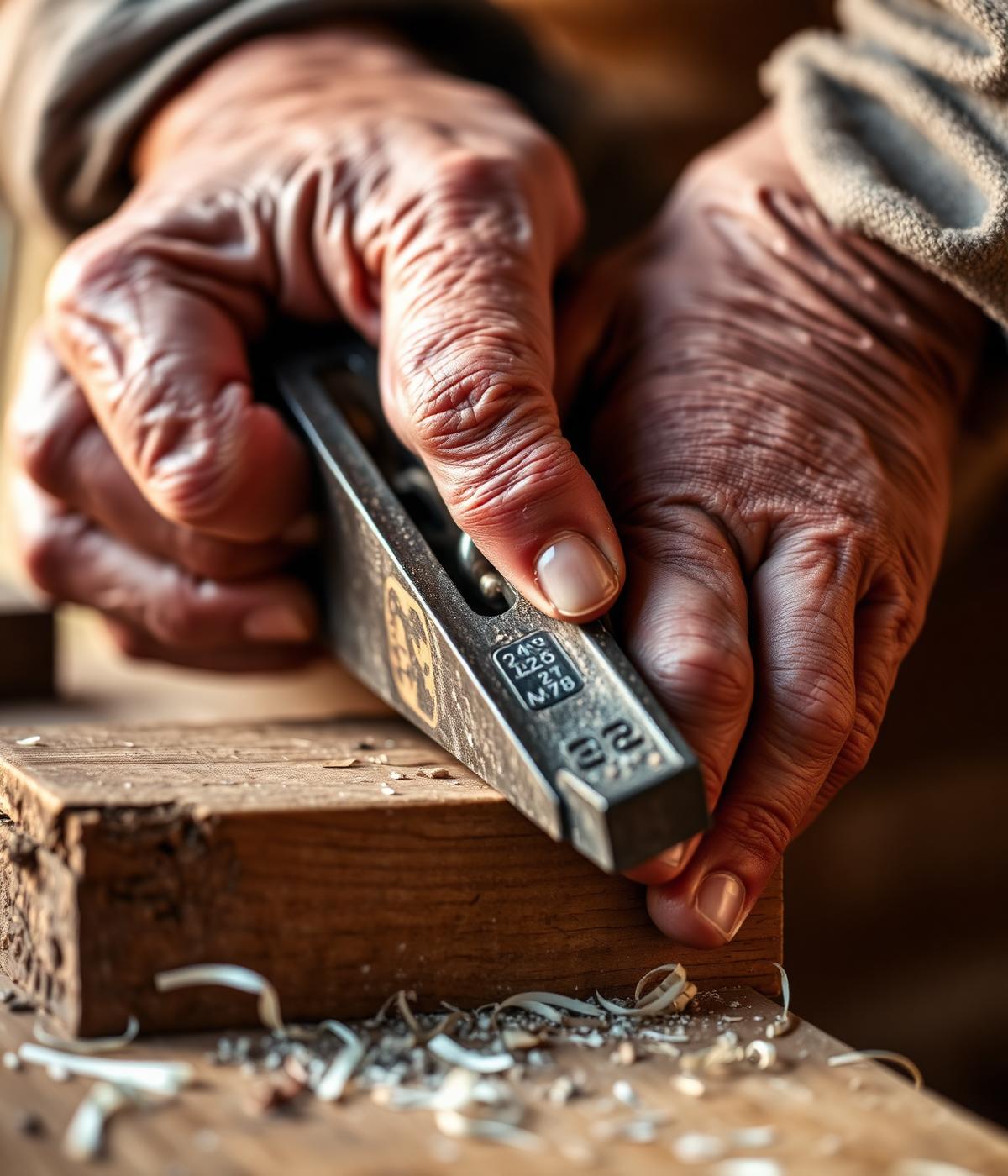 Hands of a craftsman planing oak